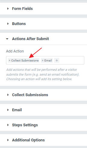 Collect Submissions selected in Actions After Submit tab