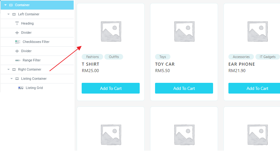 Right container for listing grid