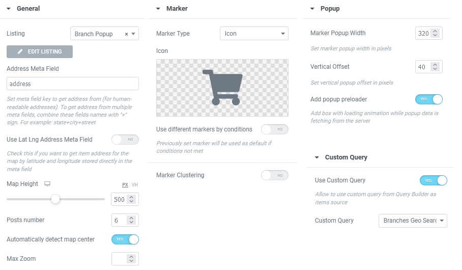 Map listing settings