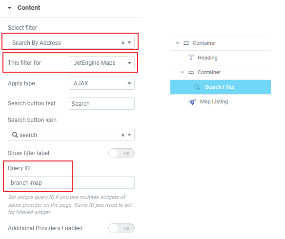 Search filter widget settings.