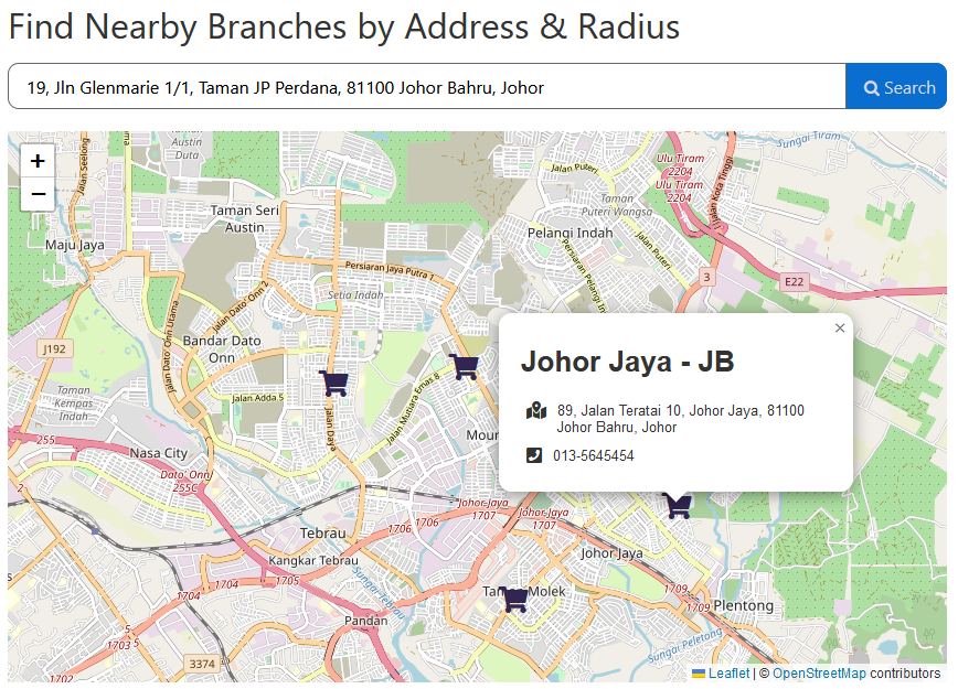 Get 4 branches within 10 KM based on my search address.